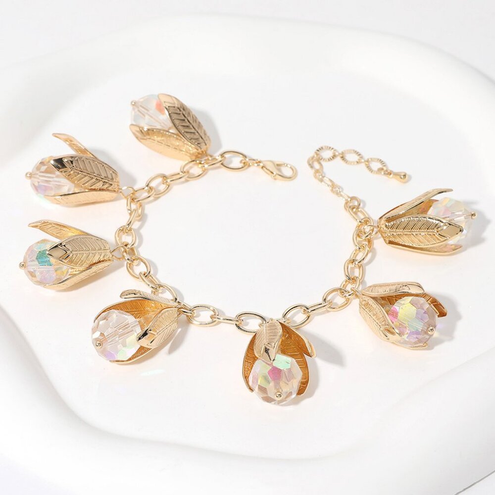 NEW Faceted Sparkle Crystal Floral Bud Gold Dipped Cottagecore Charm Bracelet